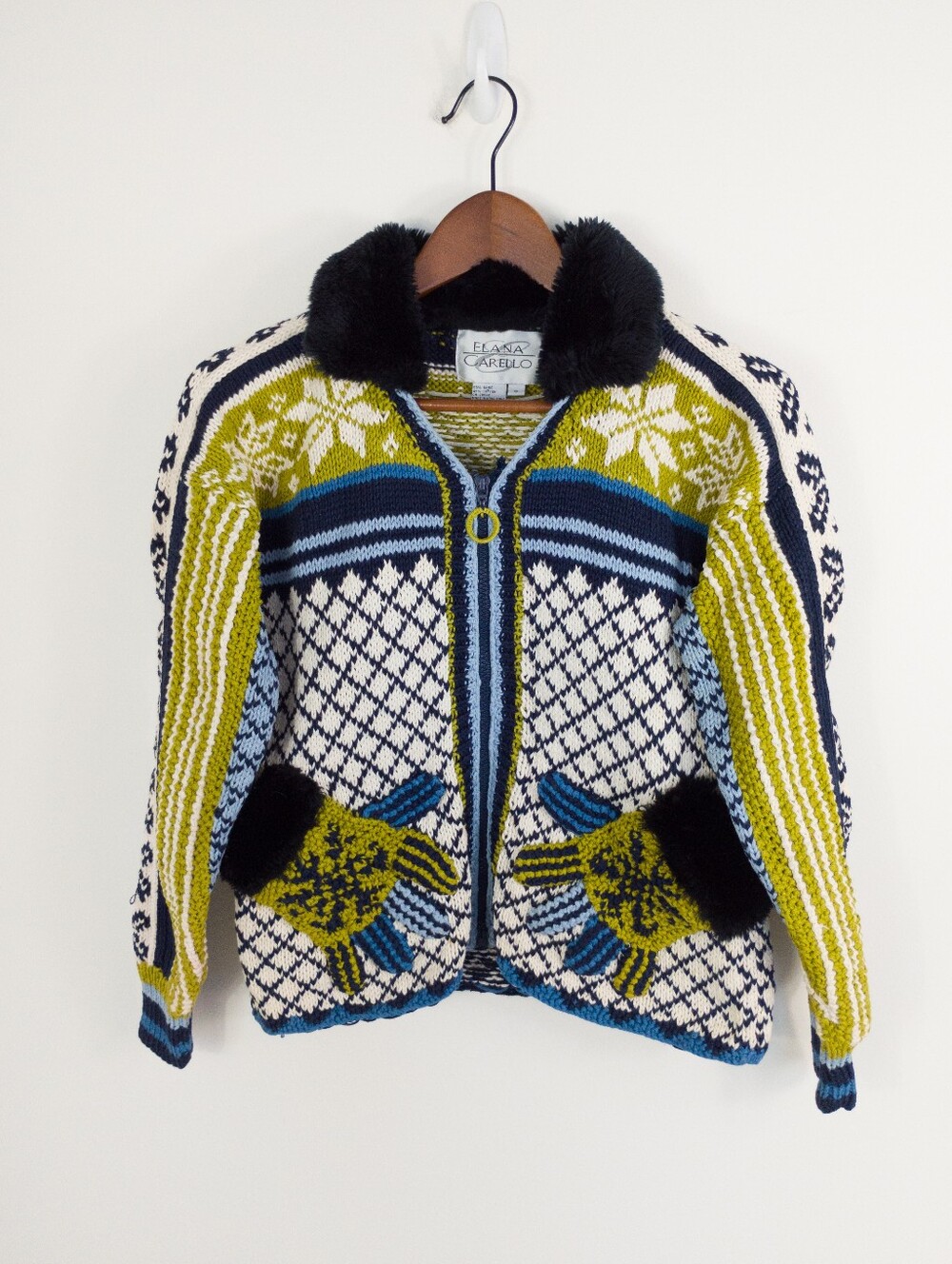 Elana Carello Vintage 90s Zip Up Mitten Pocket Sweater Faux Fur Collar Small